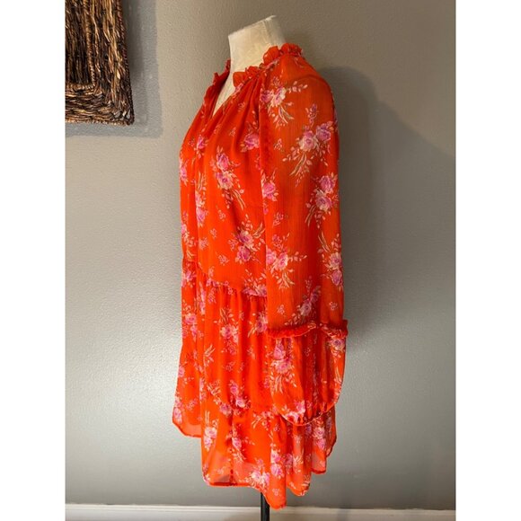 Vince Camuto Dress Orange Floral L Large Fluttery Floral Print Long Sleeve NEW - Picture 9 of 10